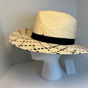 Mud Pie Straw Boater Hat One Size Natural Wide Brim Black Band Speckled